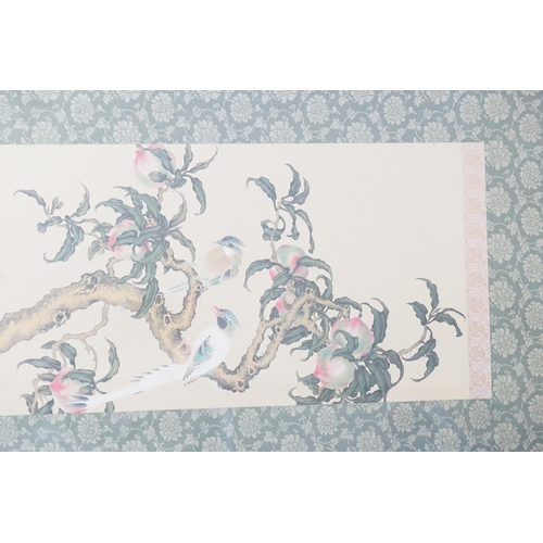 325 - A Japanese design Hanging Scroll Picture decorated with Flowers & Birds contained in a Wooden Frame ... 