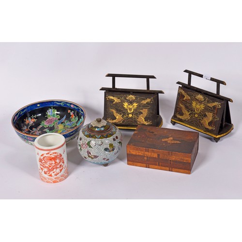 333 - Two Chinese Lacquered Napkin Holders & a Chinese Dragon decorated Brush Pot, a Cloisonne Vase decora... 