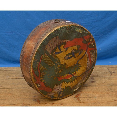 334 - A Japanese Shop Keeper's Sign of a Drum with a Dragon painted on velum & bound in Elm. Measuring: 59... 