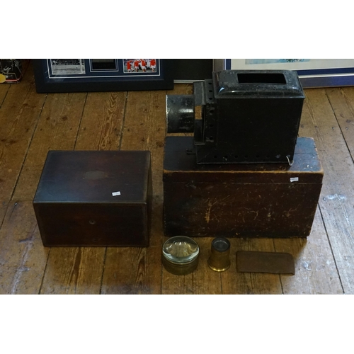 341 - A Victorian Toilet Box with Brass edging along with a Victorian Black Tin containing a Projector wit... 