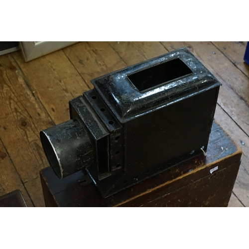 341 - A Victorian Toilet Box with Brass edging along with a Victorian Black Tin containing a Projector wit... 