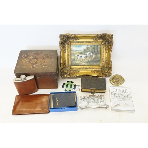 342 - A Japanese Lacquered Box, Hip Flask, Horse Brass, Wallet, Photograph Album, Gilt Framed Picture, etc... 