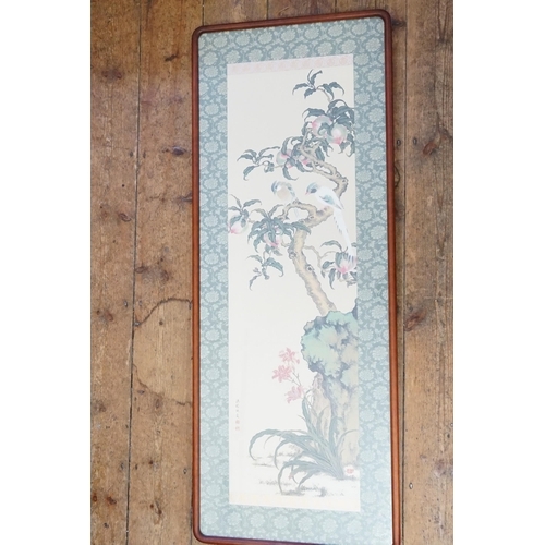 325 - A Japanese design Hanging Scroll Picture decorated with Flowers & Birds contained in a Wooden Frame ... 