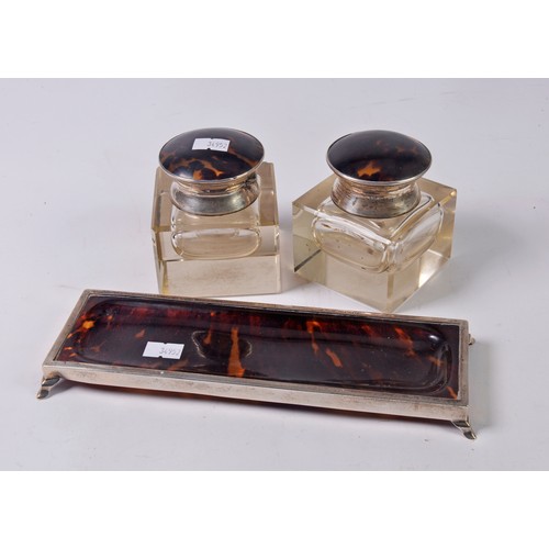 8 - Two Tortoise Shell Silver mounted Glass Inkwells with Liners & a Silver mounted & Tortoise Shell Pin... 