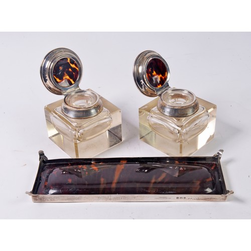 8 - Two Tortoise Shell Silver mounted Glass Inkwells with Liners & a Silver mounted & Tortoise Shell Pin... 