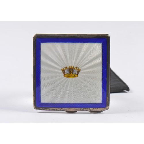 10 - A Silver Engine Turned & Blue Enamelled Powder Compact with a Crown in a Rosemoire. Hallmarked Birmi... 