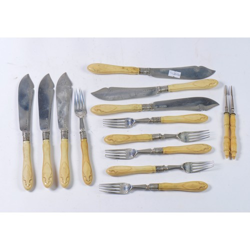 15 - A Set of Six of Each Silver & engraved Fish Knives & Forks.