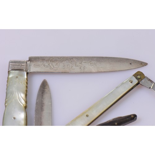 20 - Two Early Victorian Mother of Pearl handled & bladed Fruit Knives, two Watch Fob Penknives & a Quill... 