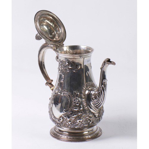 23 - A Georgian Silver & embossed Coffee Pot with insulators, Rococo design, Chased & Decorated. Hallmark... 