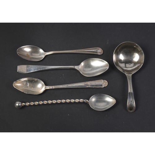 28 - A Georgian Silver & engraved Caddy Spoon and various Silver Tea Spoons. Weighing: 60 grams.