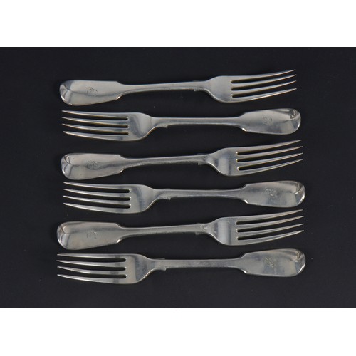 40 - A Set of Six Silver Fiddle pattern Table Forks. Weighing: 468 grams.