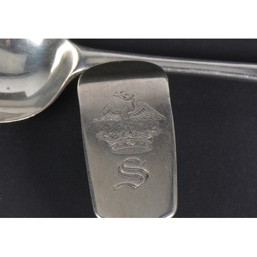 42 - A Georgian George II Silver Hanoverian Table Spoon & one other with the Singleton Crest, Crown & Win... 