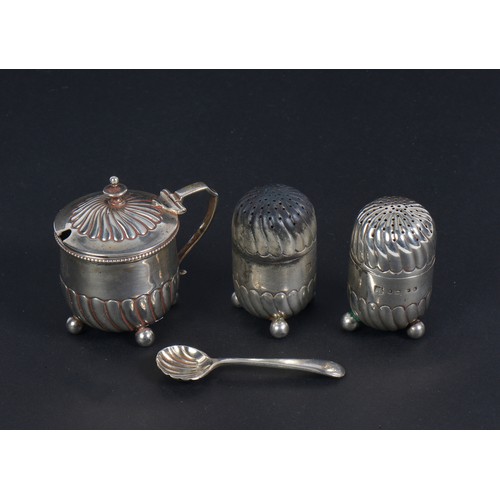 46 - A Three Piece Silver Victorian Cruet Set with Swirl decoration. Weighing: 111 grams.