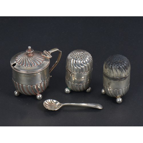 46 - A Three Piece Silver Victorian Cruet Set with Swirl decoration. Weighing: 111 grams.