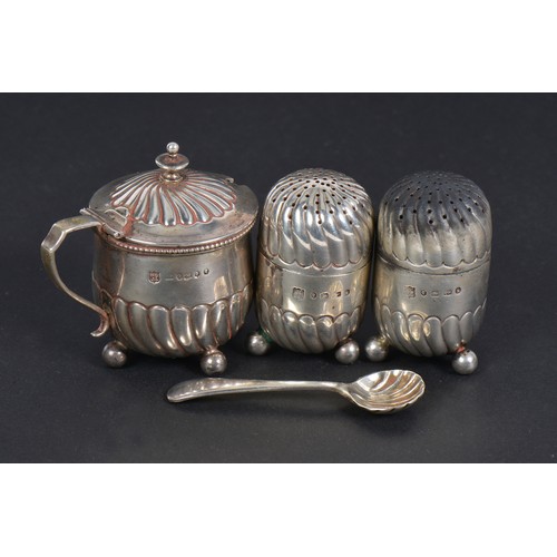 46 - A Three Piece Silver Victorian Cruet Set with Swirl decoration. Weighing: 111 grams.