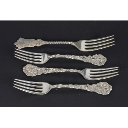 53 - A Set of three Heavy Sterling Silver Rococo pattern Desert Forks along with a Sterling engraved Flor... 