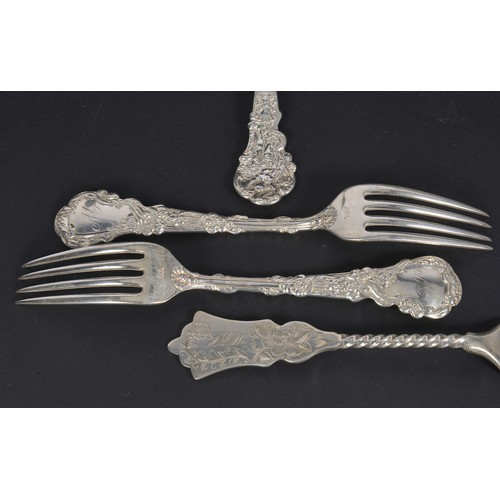 53 - A Set of three Heavy Sterling Silver Rococo pattern Desert Forks along with a Sterling engraved Flor... 