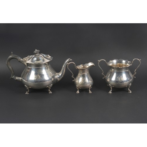 54 - A Three Piece Silver Chippendale bordered & Squat patterned Teas Set. Hallmarked Sheffield Y. Weighi... 