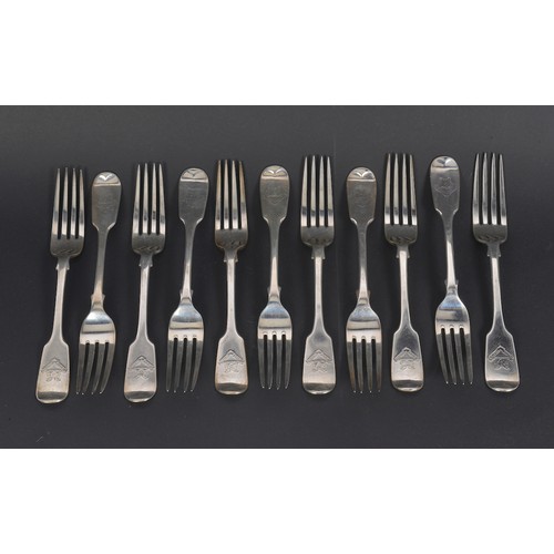 65 - A Set of 11 George Adams Silver Fiddle pattern Table Forks with a family crest. Weighing: 782 grams.