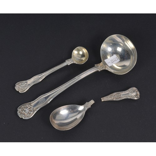 66 - A Silver Queen's pattern Sauce Ladle, a Mustard Spoon & a Caddy Spoon. Weighing: 144 grams.