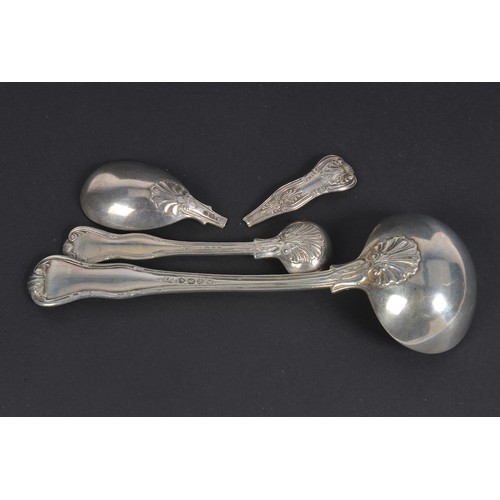 66 - A Silver Queen's pattern Sauce Ladle, a Mustard Spoon & a Caddy Spoon. Weighing: 144 grams.