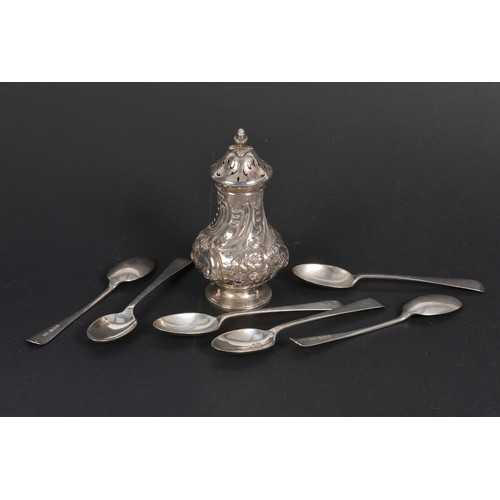 67 - A Victorian Silver Pepper Castor, London A, along with Six Silver Tea Spoons. Weighing: 138 grams.