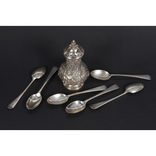 67 - A Victorian Silver Pepper Castor, London A, along with Six Silver Tea Spoons. Weighing: 138 grams.