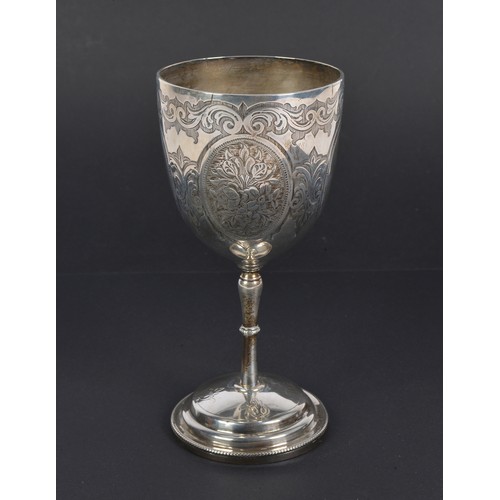 68 - A Victorian Silver Chased & Engraved Goblet on Base. London P, Maker: H.H. Weighing: 236 grams.