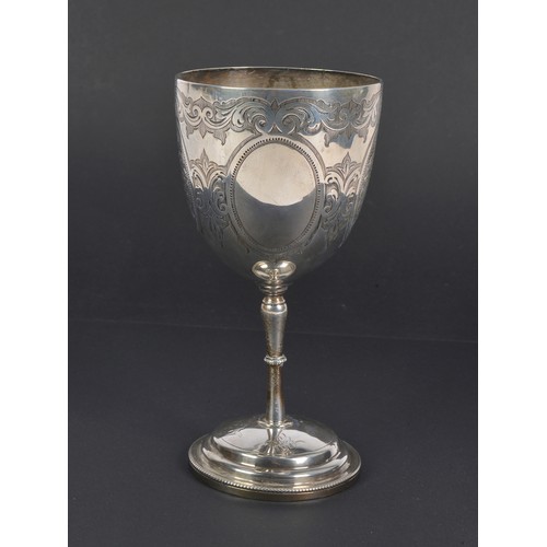 68 - A Victorian Silver Chased & Engraved Goblet on Base. London P, Maker: H.H. Weighing: 236 grams.