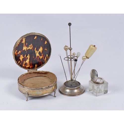 76 - A Tortoise Shell & Silver Pique Dressing Table Box, a Silver mounted inkwell & a Hat Pin Holder.