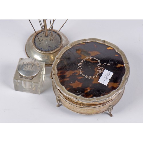 76 - A Tortoise Shell & Silver Pique Dressing Table Box, a Silver mounted inkwell & a Hat Pin Holder.