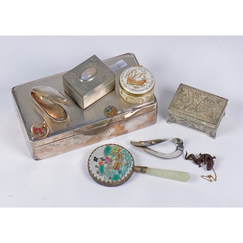 85 - A Silver Cigar Box with an engined turned top, a 925 Bow Brooch & a Chinese mounted Mirror.