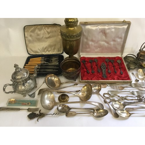 102 - Two Cased Sets of Silver Plated Cutlery, Silver Plated Turkish Spoons, Tea Pot & other items of Silv... 