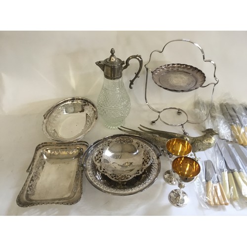 111 - A Collection of Silver Plate to include Baskets, Cake Stand, Pheasants, Cutlery , etc.