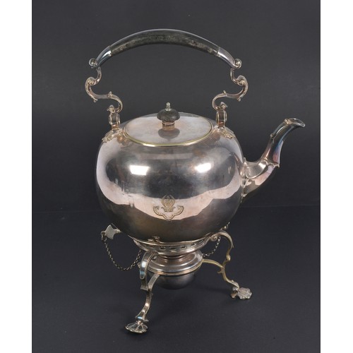 113 - A Silver Plated Bulbous Kettle on Stand with Heater & Ebony Handle.