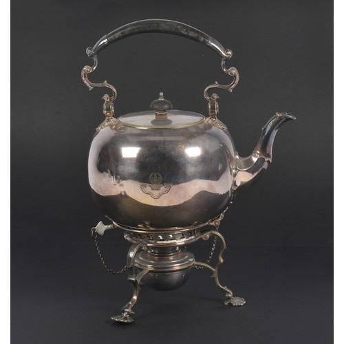 113 - A Silver Plated Bulbous Kettle on Stand with Heater & Ebony Handle.