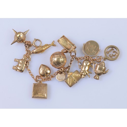 151 - A 9ct Gold Charm Bracelet hung with various charms. Weighing: 14 Grams. (Gross).