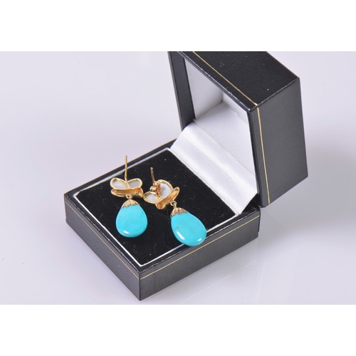 161 - A Pair of Pearl & Turquoise coloured Floral Drop Earrings. Marked: 14K.