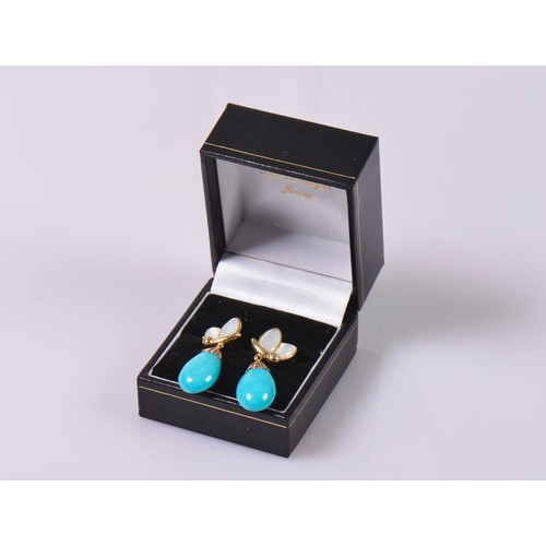 161 - A Pair of Pearl & Turquoise coloured Floral Drop Earrings. Marked: 14K.