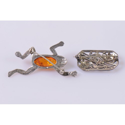 164 - A Continental Silver Frog Brooch set with amber & a Silver set Marcasite & White Stone Brooch.