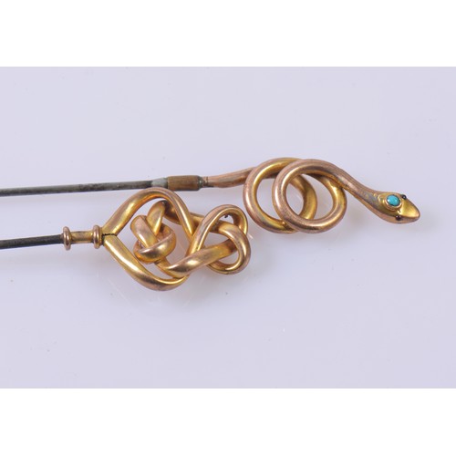 165 - A 9ct Gold Art Nouveau Multi-pull Knot Hat Pin along with one other with a Serpents Head by G.V. & C... 