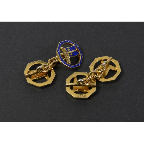 169 - A Pair of 9ct Gold Blue enamelled Flag decorated Crown & W hexagonal Shaped Cufflinks marked 