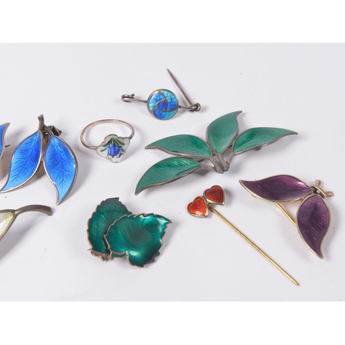 175 - A Collection of 10 Enamel on Silver Brooches & Rings.