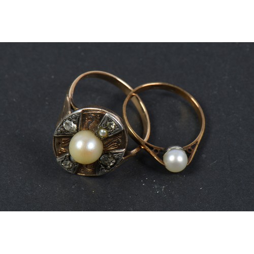 188 - A 14ct God Ring with a Pearl. Size: R. Weighing 4 grams. Along a 9ct Gold Ring with Pearl. Size: L/M... 