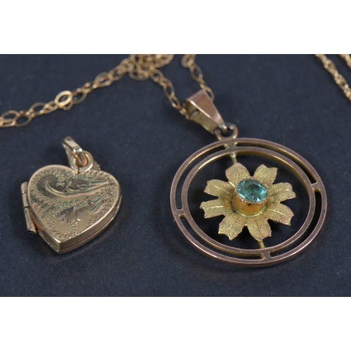 216 - A Floral Target Pendent set with an Emerald, a Gold Necklace & a Gem Set Necklace.