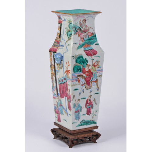 371 - A 19th Century Square Famille Rose Vase with narrative design standing on an Original Wooden Base. M... 