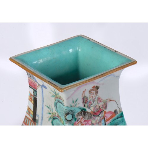 371 - A 19th Century Square Famille Rose Vase with narrative design standing on an Original Wooden Base. M... 