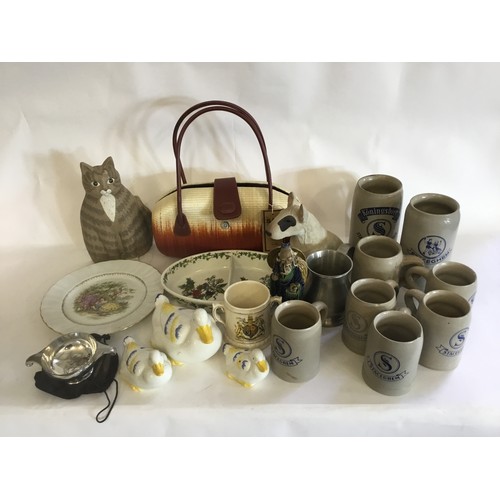 461 - German Stoneware Beer Steins, Portmeirion Bowl, Ducks, Pewter, Handbag, etc.