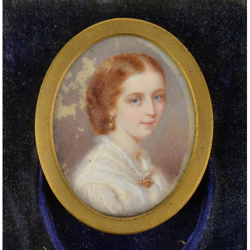 464 - A Miniature of a Young Girl in a lace frilled dress contained in a Blue Velvet Case.