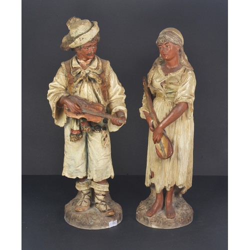 466 - A Pair of Continental Pottery Studies of the Mandolin & Violin Player. Standing: 41cms High. (AF).